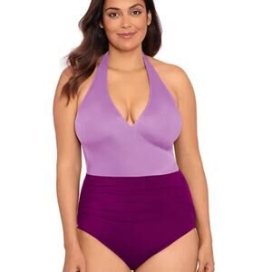 Bal Harbour Faux Wrap Halter One-Piece Swimsuit womens Size 10 Purple NWT